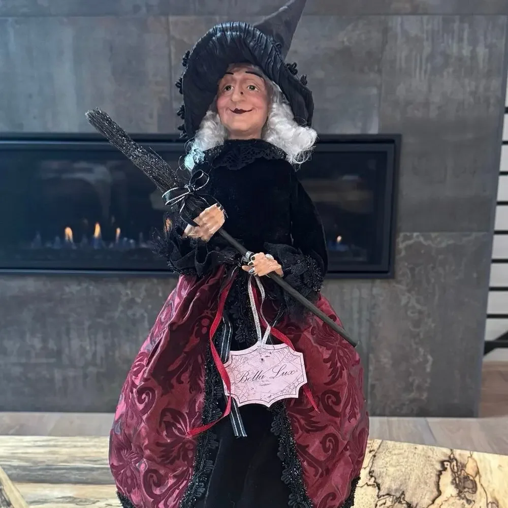 Bella Lux 24” Halloween Witch Doll Shelf Sitter Matilda Burgundy Brocade Broom